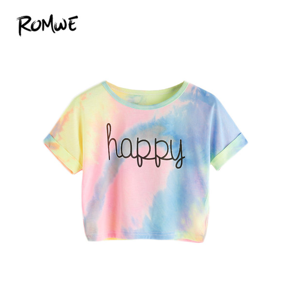 ROMWE Happy Rainbow Pastel Tie Dye T-Shirt,Women Letter Print Tee,Beach-to-Bar,Night Club Party Short Crop T-shirts,2018 Summer