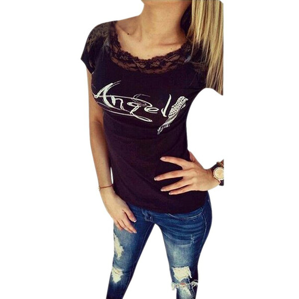 Wholesale-Women T shirt Back Hollow Angel Wings Printed Sexy Tops Lace Short Sleeve Tees T shirts Hot