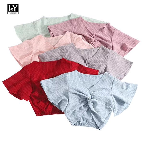 Ly Varey Lin Women Short Ruffle LeTie Up Top Summer V Neck Short Sleeve Cotton Bow Casual T-shirt Femme Red Pink Tops