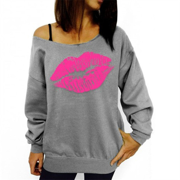 Wholesale- Sweatshirt Autumn Women Black Red Lips Printed Cotton Long Sleeve Sexy One Shoulder Casual Tops Tee Hoodie T-Shirt Top