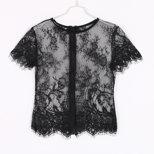 Wholesale- Fashion Women Sexy Shirts Short Sleeve Vintage Lace T-Shirt Hollow Out Zipper Back Crop Top Clubwear