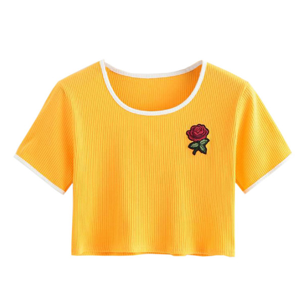 YOUYEDIAN Crop Tees Summer 2018 Fashion Women Short Sleeve T Shirt O Neck Rose Printed Casual Vest Tops roupas feminina