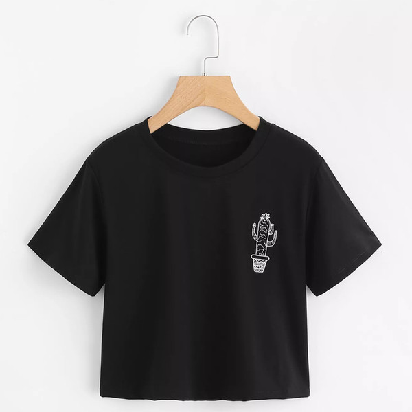 Solid Black Cactus Embroidery Short Women T Shirts Short Sleeve Round Neck Fashion Summer Women Lady Tees Tops Femme 2018