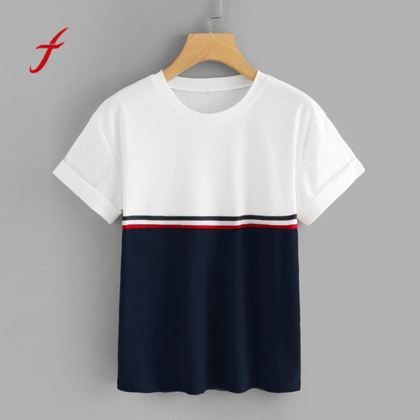 Feitong Summer 2018 New Arrival Fashion Womens Stripe O-Neck Short Sleeve Patchwork Tee T-Shirt Tops