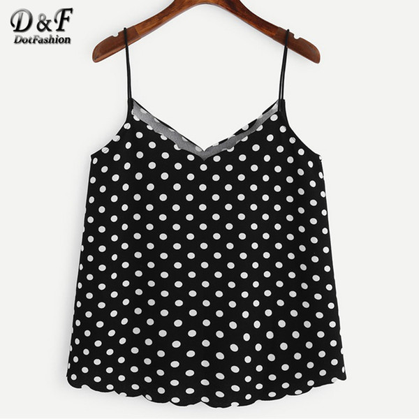 Dotfashion V Neck Polka Dot Cami Top 2018 New Fashion Summer Black And White Casual Women Clothing V Neck Stretchy Camisole