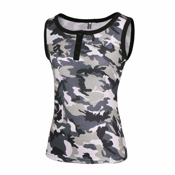 Sexy Camouflage botton neck V O t shirt Women Summer female t-shirts bright camo casual sleeveless vest style top print