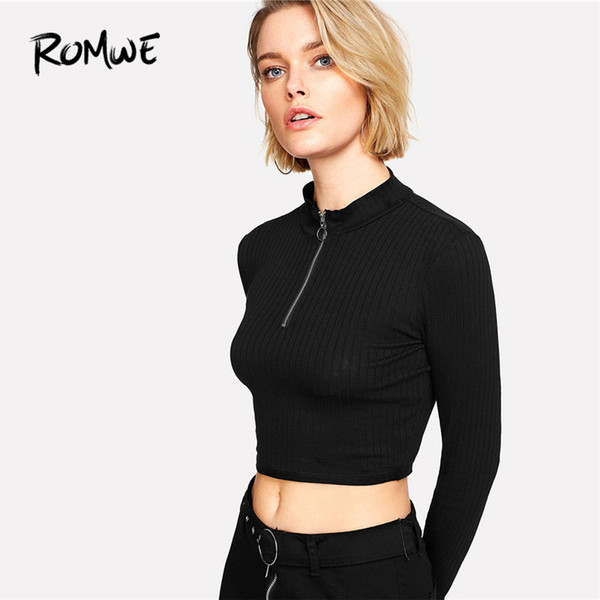 ROMWE Ring Zip Up Front Ribbed Crop Tee Black Zipper Stand Collar T Shirt 2018 Fall Plain Long Sleeve Woman Top