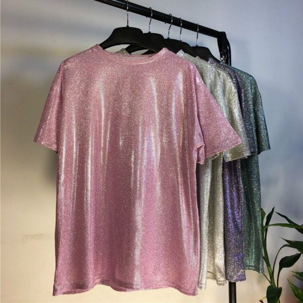 Women Loose Shiny Pullover T Shirt Short Sleeve Metallic Glitter Sparkly Students Tops Shirt Solid Colo Fashion Casual Clothes