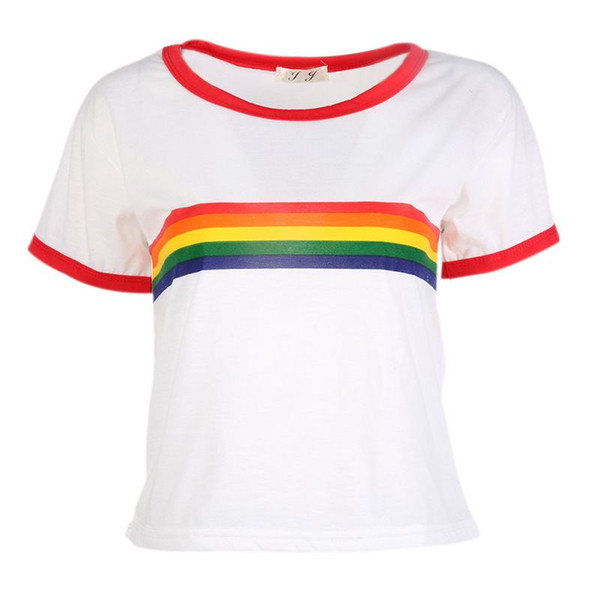 Women Rainbow Fashion Stripe T-shirt Slim Tees All-Match Coon Short Sleeve O-Neck Harajuku Top