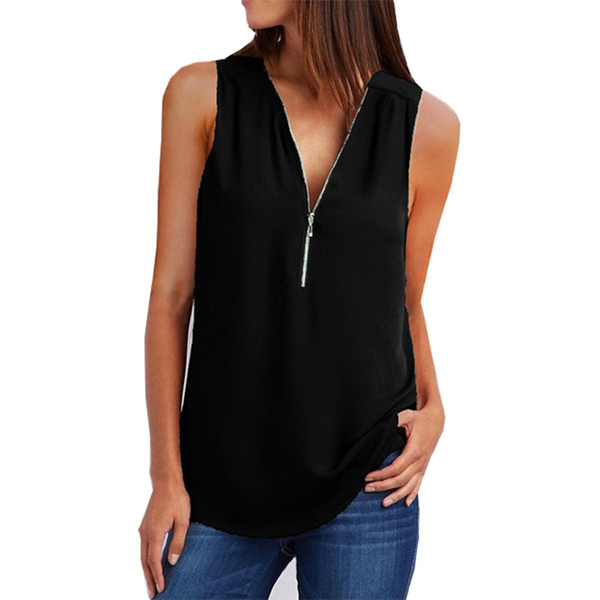 T shirt women New V-neck zipper sleeveless loose chiffon shirt casual hot selling tshirt womens tops vestidos YFF0015