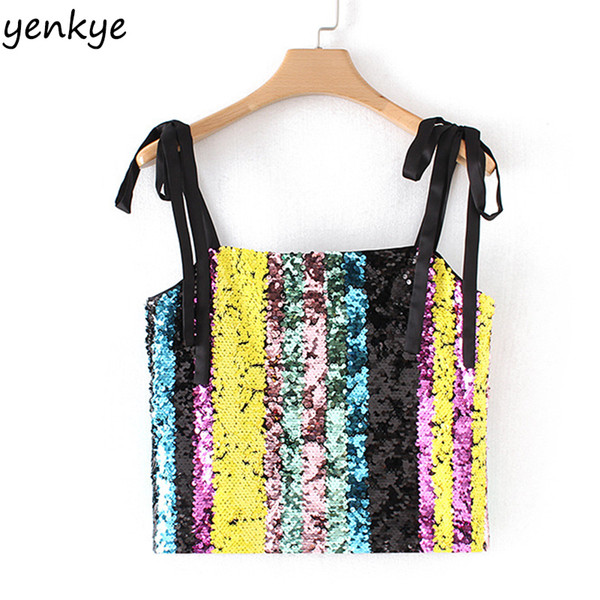 Women Multicolor Sequin Cami Sexy Crop Top Adjustable Straps Tanks Top Slim Backless Summer Camisole Tops HY8359