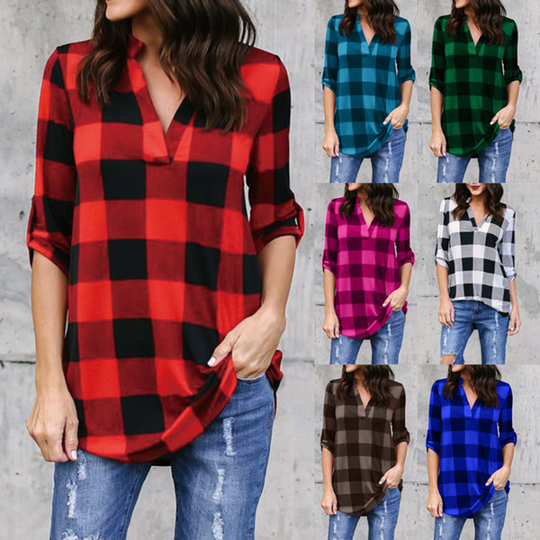 S-5XL Women Plaid Shirts Plus Size V Neck Long Sleeves lattice T shirts Oversize Loose Blouse Tops Ladies Maternity Clothes Tees AAA1037