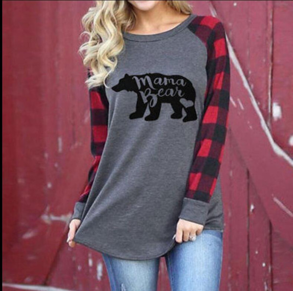 Women letter print T-Shirts Plaid Sleeve Tees Mama bear Printing Ladies Pullover Maternity Tops T Shirts KKA4083