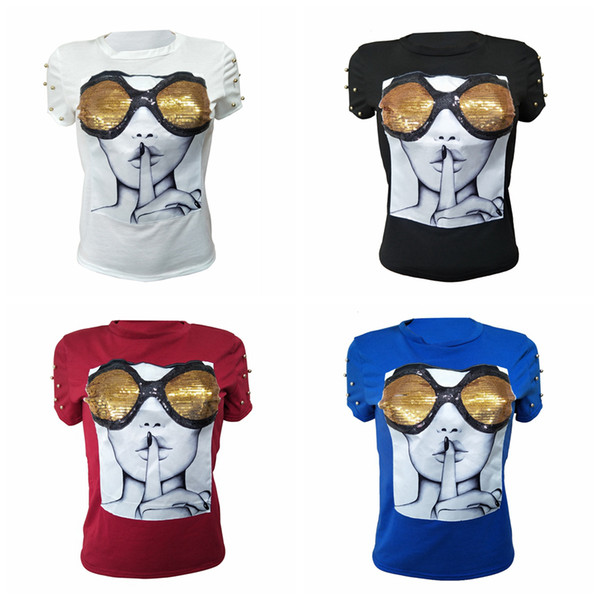 Women Sequin Glasses T-Shirts O Neck Beads 3D Printed Summer Short Sleeve Patchwork Tee Tops OOA6433