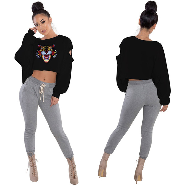 Tiger Head Crop Top T Shirts Printed Women Long Sleeve Round Neck Short Pullover Tee Shirts 7 Styles FFA168