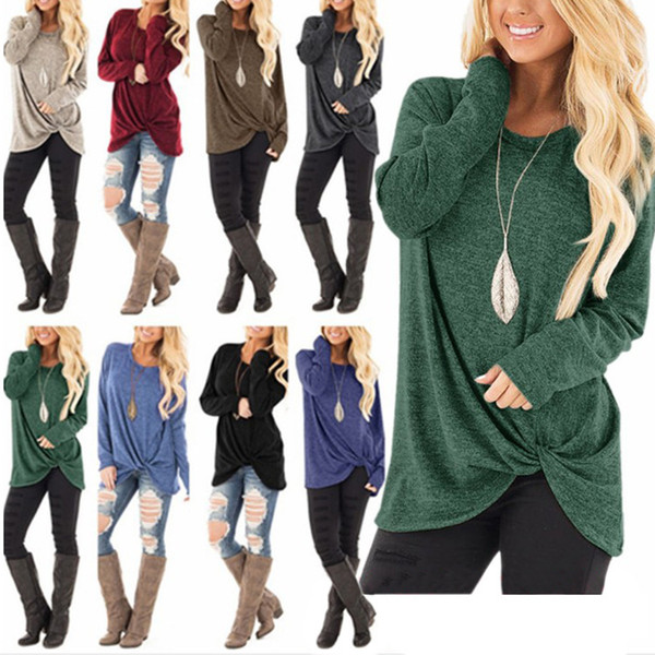 12Colors Women Round Neck Long sleeves Solid T-shirts Autumn Spring New Twist Knot Shirts Tops Outwear Home Clothing 50pcs AAA1119