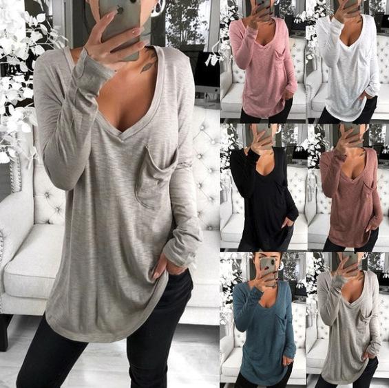 Women V-Neck Pocket Blouse 6 Colors Solid Color Long Sleeve Loose Oversize Tops Knitted Shirts OOA6438