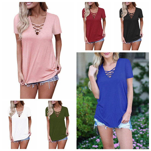 Women V Neck Bandage T-shirt 6 Colors Short Sleeve Summer Solid Color Hollow Out Tops Tees LJJO6435