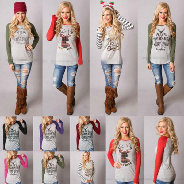 Christmas T-Shirt Women Xmas Elk Shirts Santa Claus Tops Long Sleeve Blouse Loose Casual Tees Print Blusas 16 Styles 100pcs OOA3036