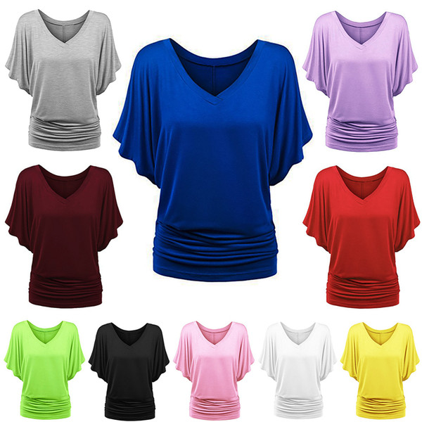 Women Loose Bat-sleeved V-neck Blouse Ladies Stylish short sleeved T-shirt large size Casual Tops 10 colors LJJW232