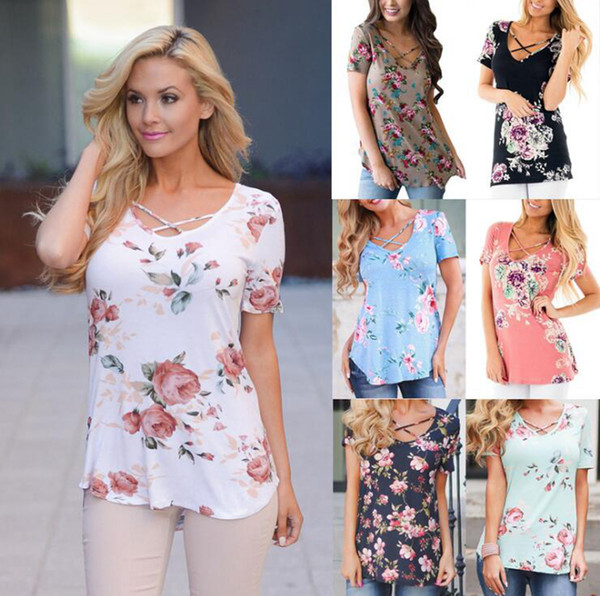 Women Floral Print T-Shirts Summer Tops Casual Bandage Cross V-Neck Tee Shirt Floral Printing T-shirts OOA4904