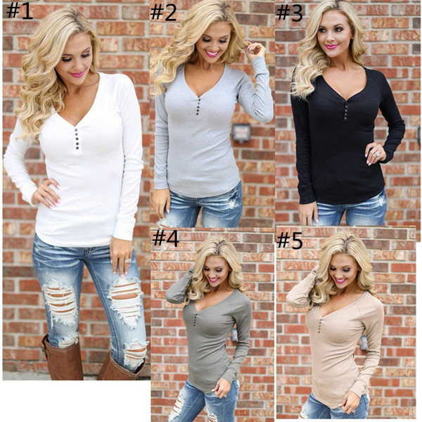 T-Shirt Women Solid V Neck Shirts Sexy Tunic Fashion Tops Long Sleeve Blouse Loose Casual Tees European America Blusas Clothing YYA1048