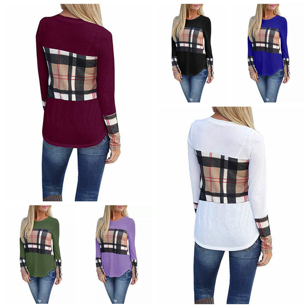 Long Sleeve Plaid Patchwork Shirt 6 Colors Grid Shirts Blouses Casual Pullover Tops T-shirts Clothes 120pcs OOA5840