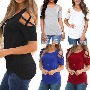 Women Open Shoulder Strap T-shirt Ladies Fashion Short Sleeve Top Women Pure Color Tops Casual Wear LJJR252