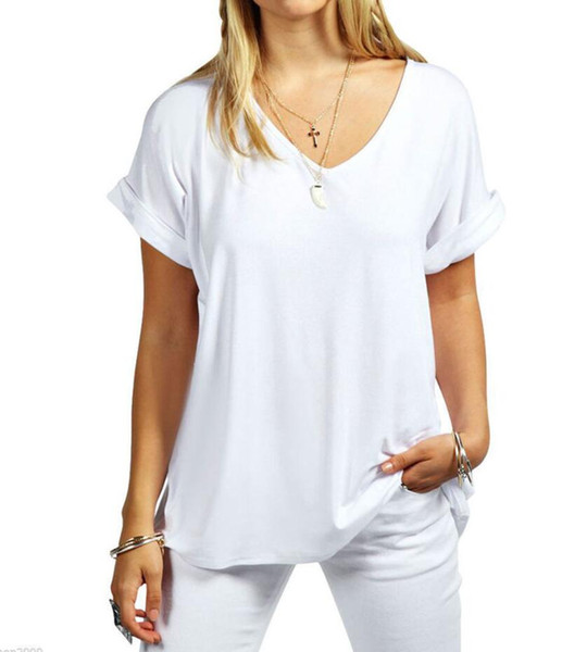 Womens Ladies Baggy Loose Fit V Neck Turn Up Short Sleeve Top T Shirts Cotton Pure Colour Short T Shirt