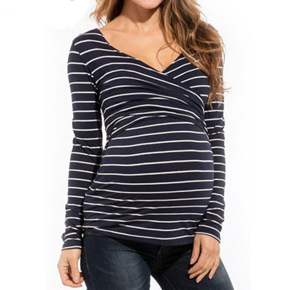 2018 Spring Fashion Navy Striped V deep Collar long sleeve nursing top breastfeeding clothing for pregnant women