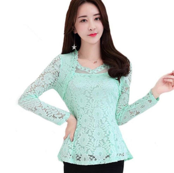 Plus Size Women Clothing Spring Lace Shirt Tops Cutout Basic Female Elegant Long-sleeve Lace Blouses Shirts M-4XL