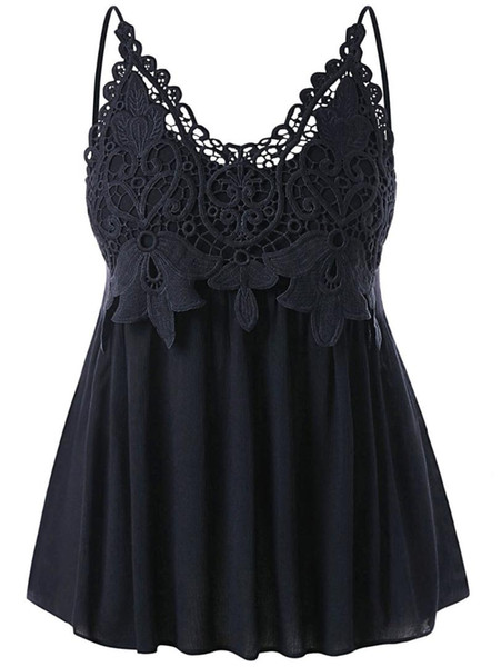 New Fashion Plus Size Cutwork Embroidered Lace Trim Adjustable Strap Tank Top High Waist Crinkle Smocked Tank Top