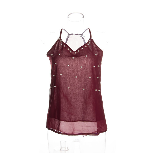 New Faux Pearl Embellished Cami Tank Top Summer Women Black Wine Red Sleeveless V-Neck Vest Sexy Shirt Chiffon Strap Tops