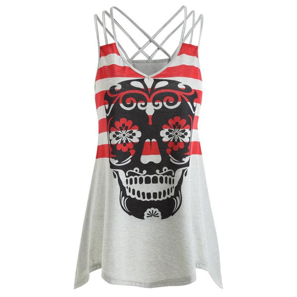 shirts women 2018 plus size summer top Womens Vest Skull Striped Print Sleeveless Strap Top Tank camisetas mujer dropshipping