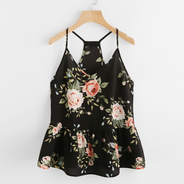 Women Cluster Print Peplum Rose Print V Neck Cami Tank Tops Vest Blouse camisas mujer haut femme shirt clothes women streetwear