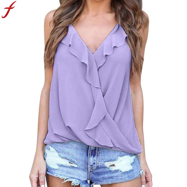 Fashion Women Summer Ruffles Vest Tops Sleeveless Shirt Sexy V Neck Straps Tank Tops Cami T-Shirts debardeur femme