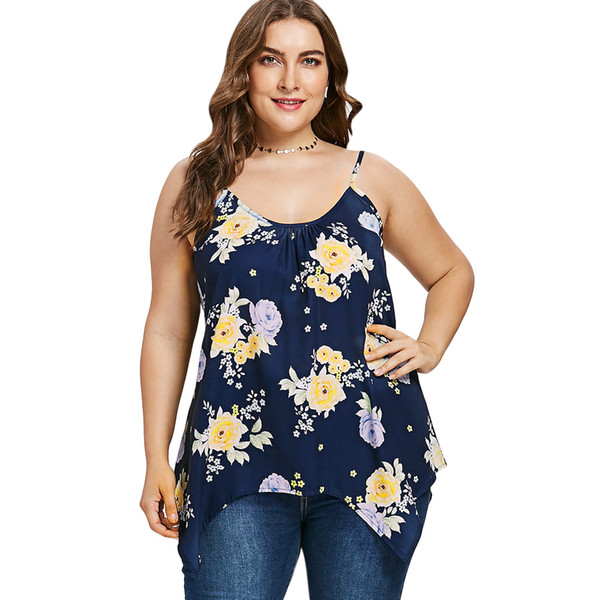 Women Summer Tops Plus Size 5XL Sleeveless Flower Print Cami Top Casual Spaghetti Strap Asymmetric Cami Women Big Size Clothing