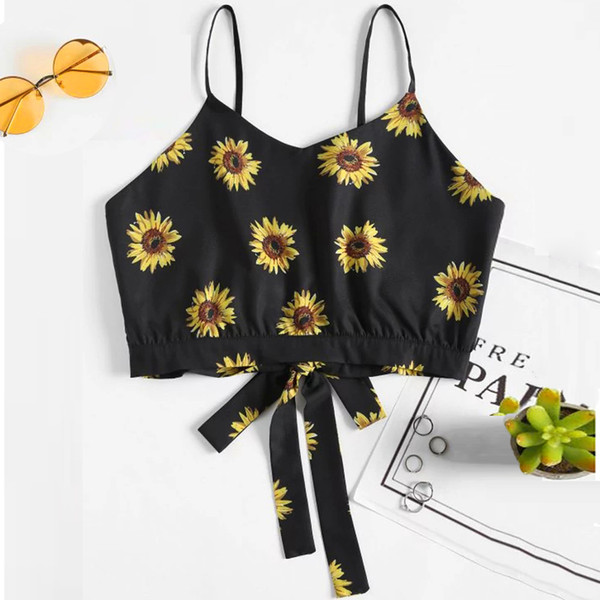 Crop Cami Top Camisole Blouse Flower Print Women Self Tie Back V Neck Print Floral Feamle Tank Top Fashion Streetwear Beach Vest