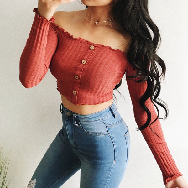 New 2018 Womens Sexy Ladies Frill Bardot Off Shoulder Jumper Ribbed Long Sleeve Crop Tops