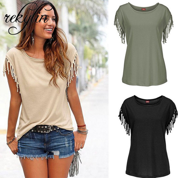 2019 Fashion Women Cotton Tassel Casual T-shirt Sleeveless Solid Color Tees Short Sleeve O-neck Women's Clothing t shirt