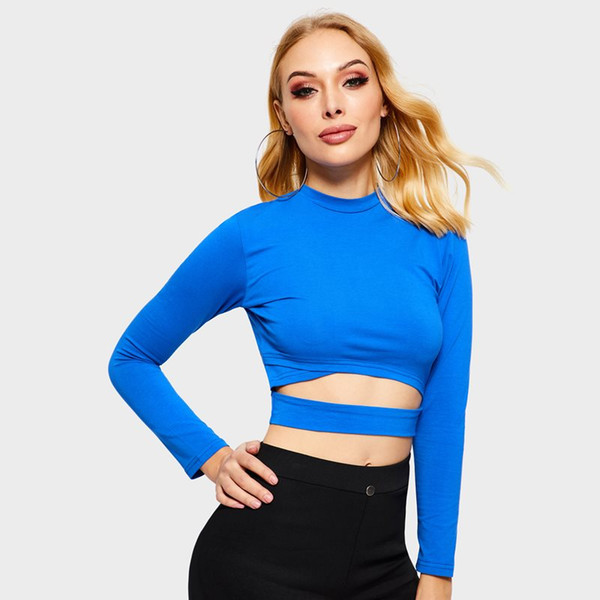 Cropped T Shirt Women Sexy Hollow Spring Hot Trendy Brand Streetwear Long Sleeve Top Girl Stretch Fitness Blue Casual T Shirts