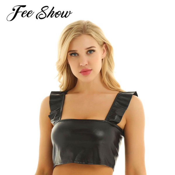 Sexy Tank Tops for Women Clubwear Black Leather Ruffled Crop Tops Short Vest Bustier Shirt Party Dance Nightclub Carnival Straps