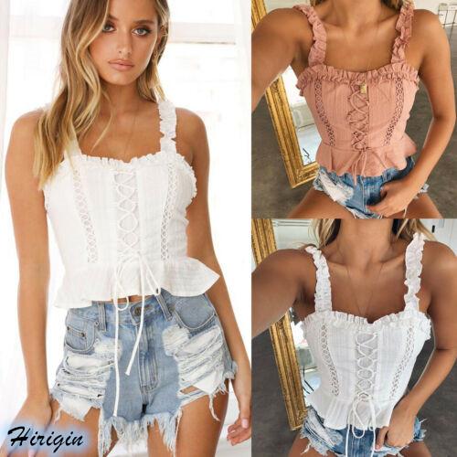 Women Summer Casual Solid Short Tank Tops New Women Summer Casual Slim Lace Up Solid Short Tank Tops