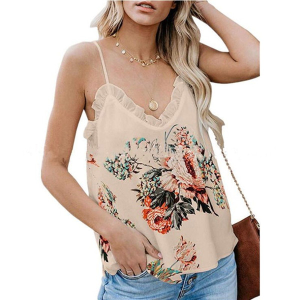 Women's Sleeveless Floral Print V Neck Lace Stitching Loose Camisole