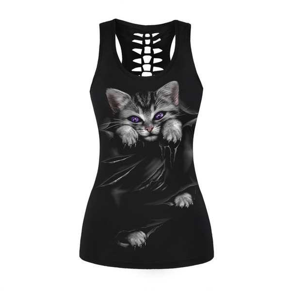 ISHOWTIENDA Fashion Women summer 5xl tops 3D Printed Dog Sleeveles Hollow Out Tank Tops O-Neck Vest Casual Blouse crop feminino