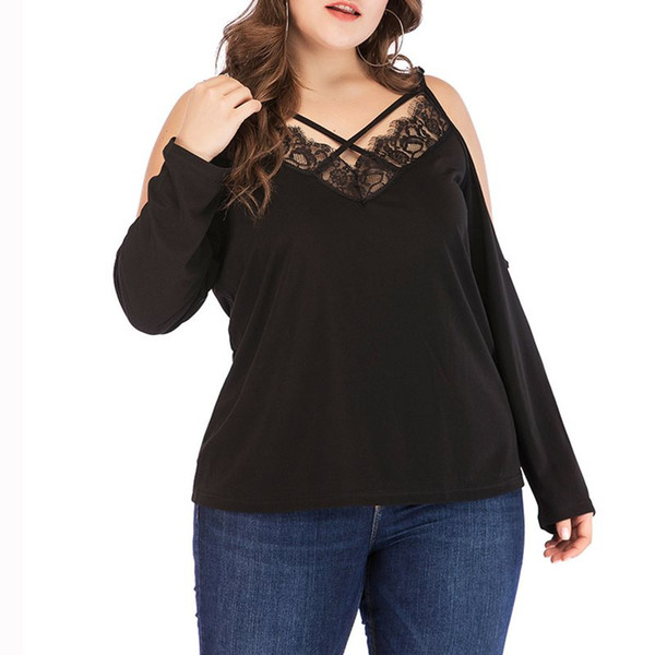 Women T-shirts Sexy Club Travel Casual Office Lady Plus Size Loose Lace Spring Elegant Female Fashion Large Sizes Black Top