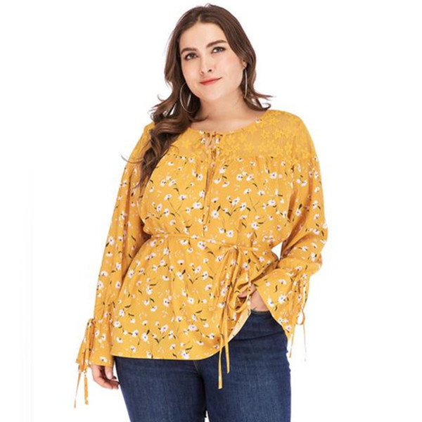 Women T-shirts Casual Boho Yellow Hot Spring 2019 Plus Size Loose Flare Sleeve Print Lace Bow Ruffles Female Fashion Elegant Top