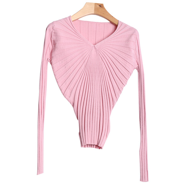 KENVY Brand Fashion Women's High-end Luxury Spring Tight V-neck Pleated Thin Knitted Long-sleeved Shirt Top