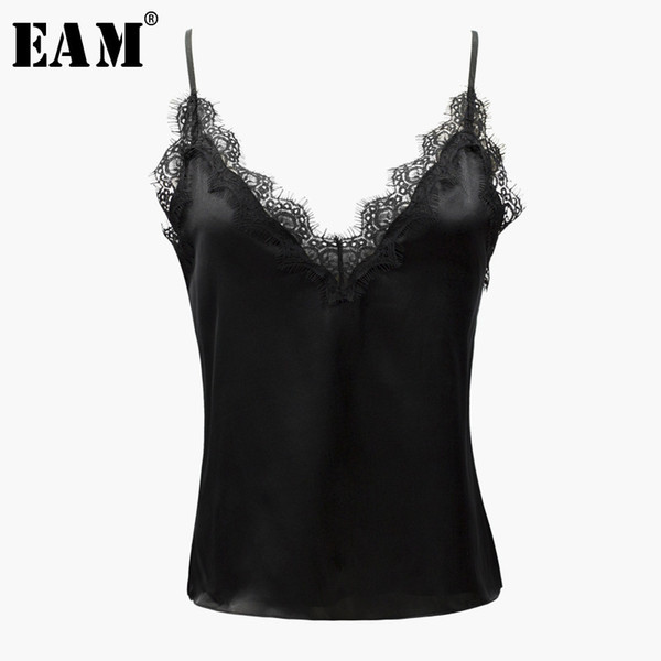 [EAM] 2018 New Summer Women Fashion Tide V-neck Black Lace Spliced Back Cross Design Soft Comfortable Sexy Sling Vest LA374