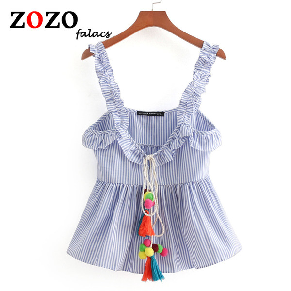 Falacs Zozo Spring Summer Bohemian Sexy Casual Fashion Sweet Ruffles Tassel Bow Striped Short Women Tops Camis Tees Shirts